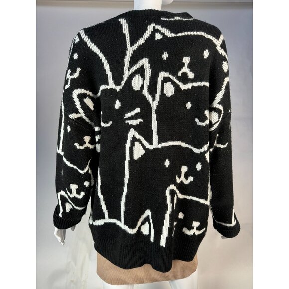 Zinv & Cdupe Vintage Large Cat Lady Black Cat Patterned Sweater Fabric Pilling - Picture 10 of 16